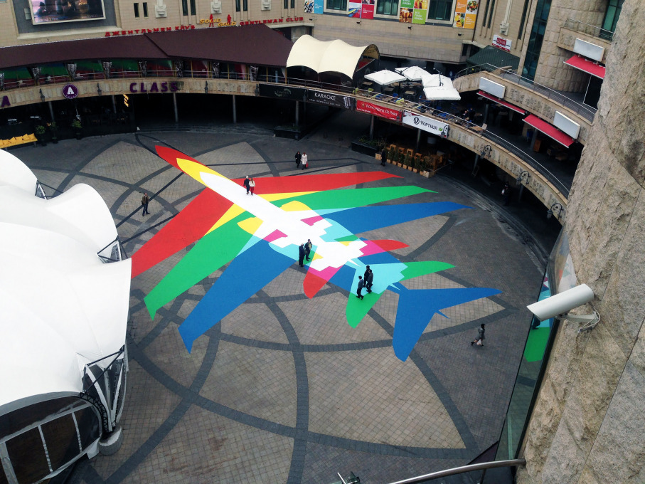 Fig. 12. James Bridle: Rainbow Plane, 2014, installation, Kiev, Ukraine. Courtesy of the artist / booktwo.org.