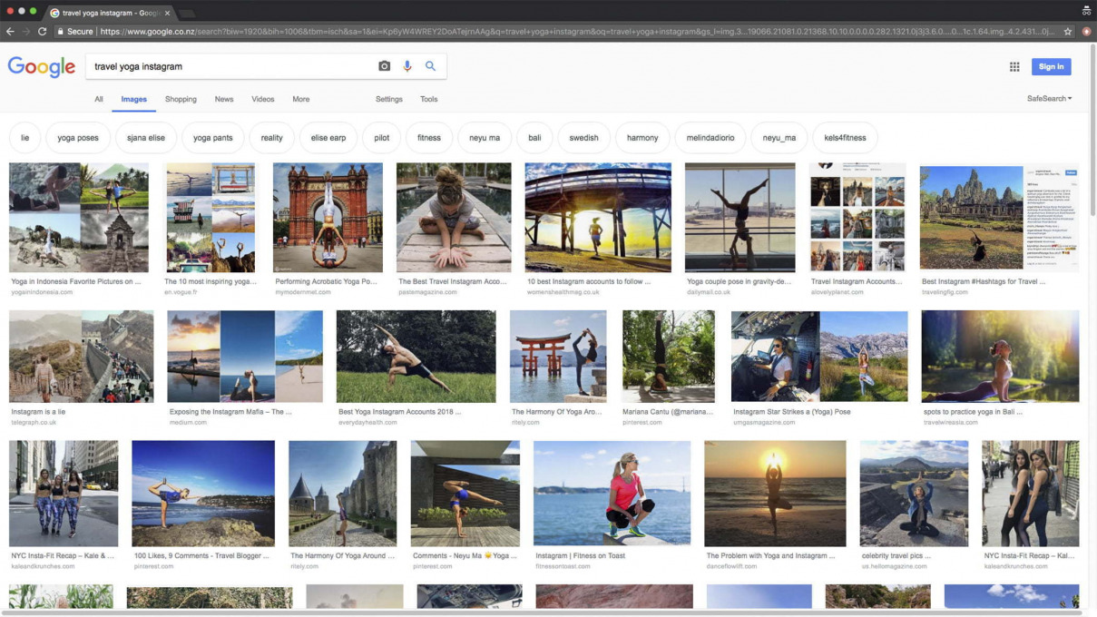 Fig. 2: A screenshot of Google image search for: »travel yoga Instagram«, taken on October 2nd, 2018, at 11.23.04 am, Copyright 2018 by Google and the Google logo are registered trademarks of Google LLC, used with permission.