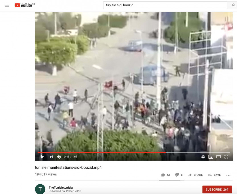 Fig. 2. Manifestations in Sidi Bouzid two days after Mohamed Bouazizi's self-immolation. YouTube screenshot, December 19, 2010.