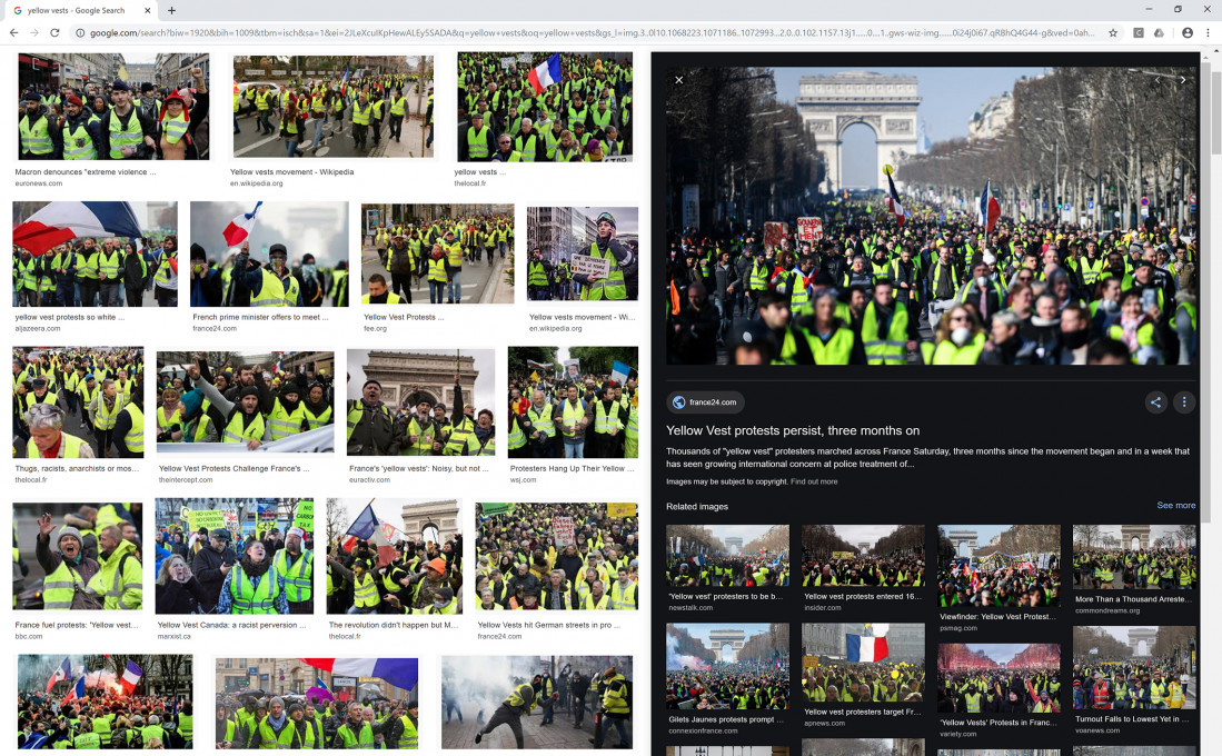 Nataša Ilec: Protest, Symbol, and Web Browser. Google image search. Search word: “Yellow Vests”. Screen shot, November 28, 2019.